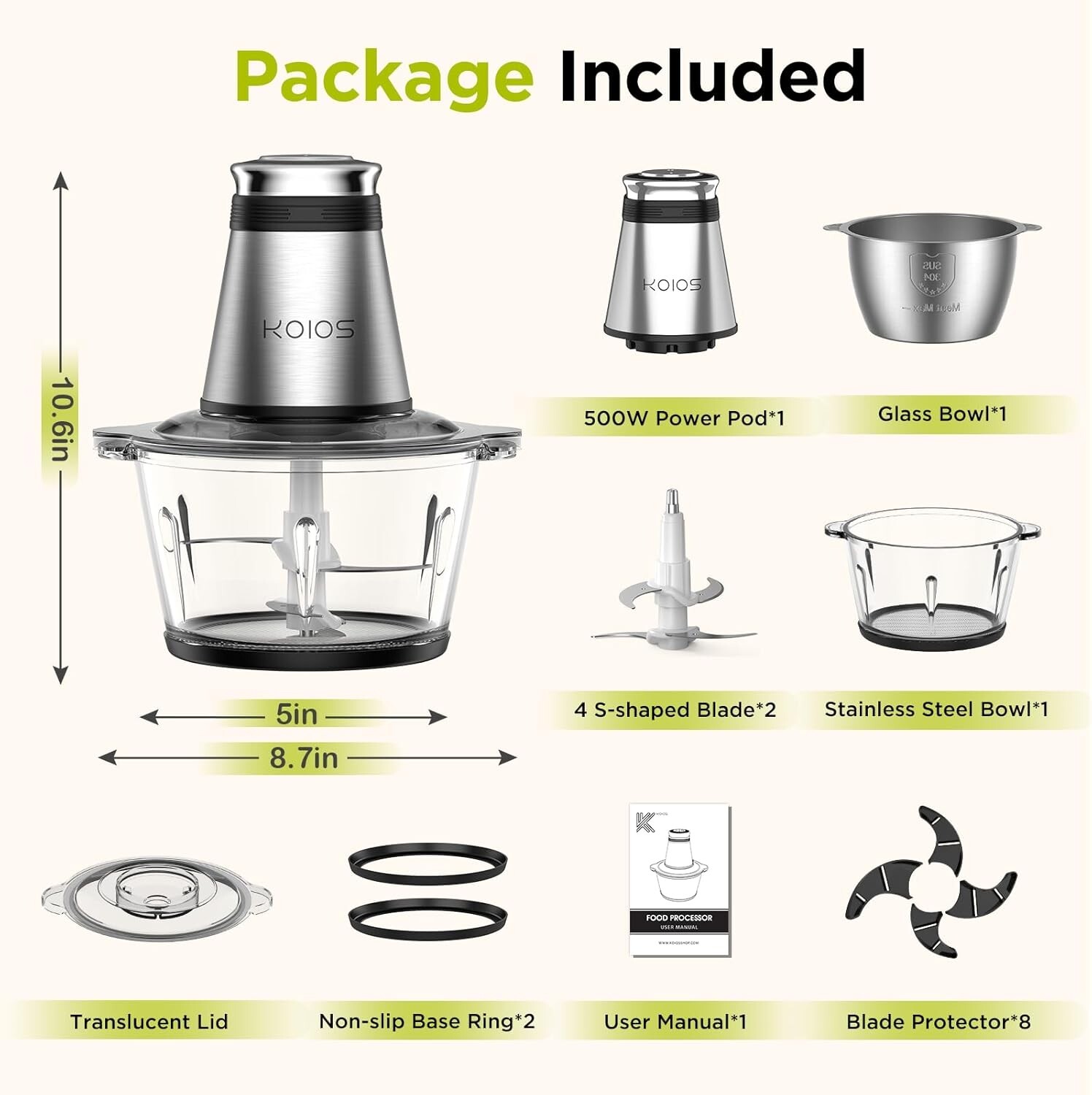 KOIOS Food Processor, 500W Electric Food Chopper with 2 Bowls (8 Cup+8 Cup) & 2