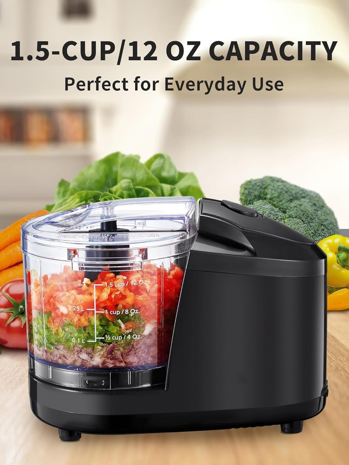 Picadora eléctrica de alimentos de 1,5 tazas con función de un solo toque, 100 W
