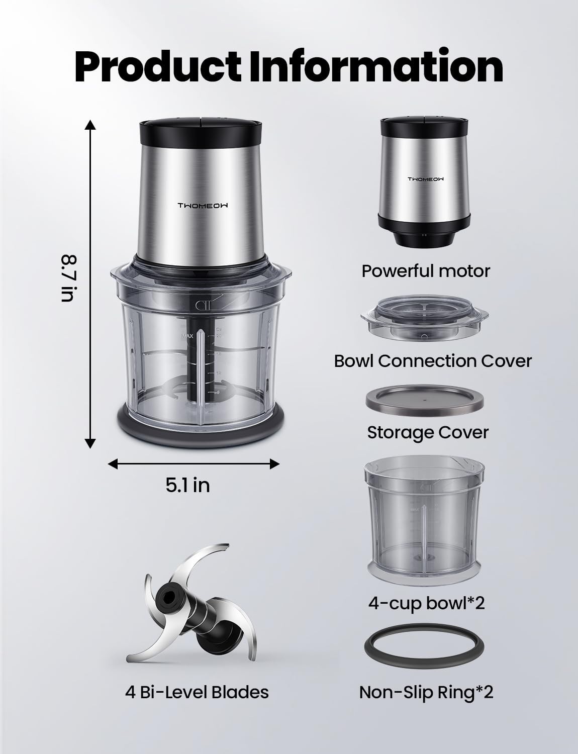 Compact 4-Cup Food Processor & Chopper, 2 Speed, 4 Blades for Meat, Veggies, Nut