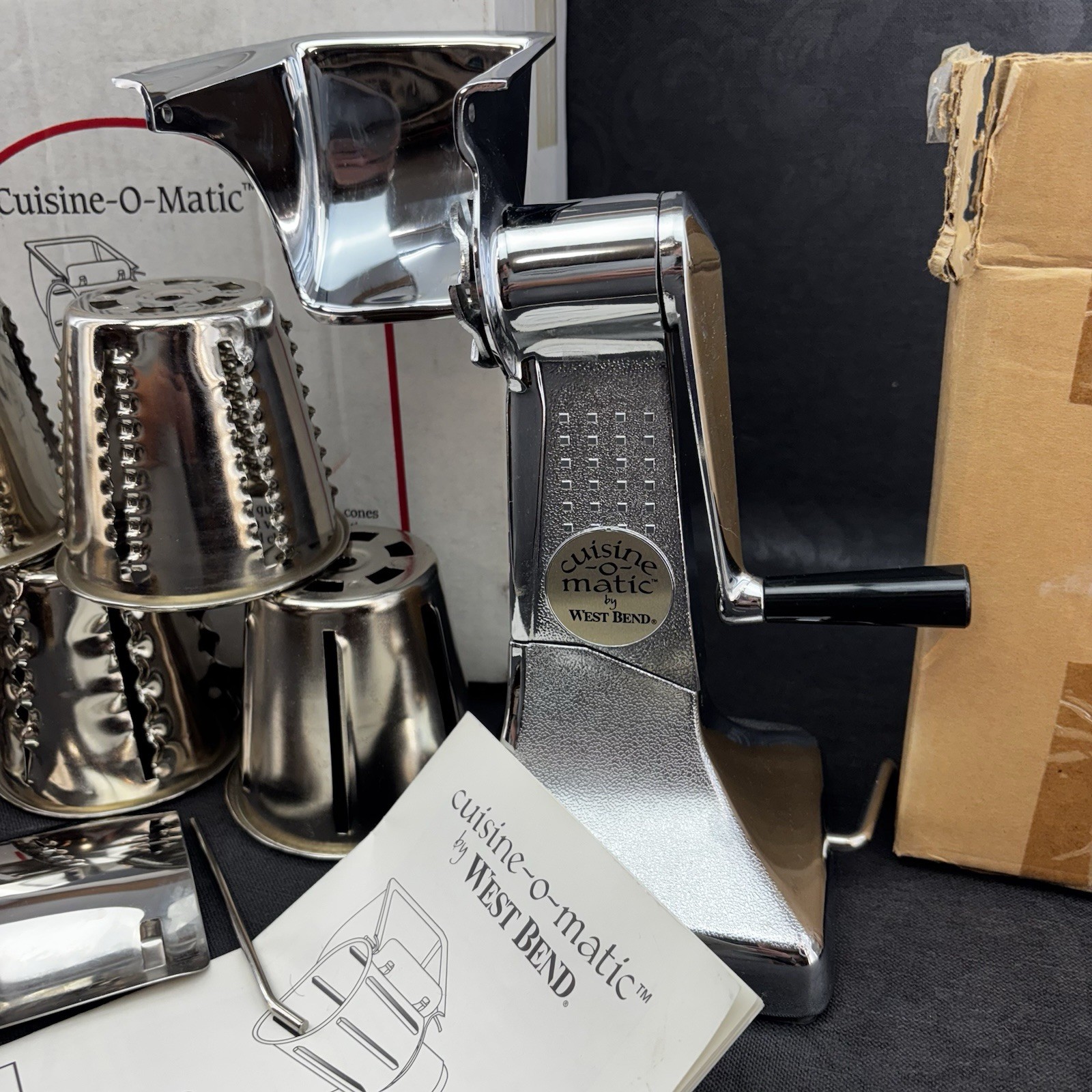 New Westbend Cuisine O Matic Manual Cutter Food Processor 5 Cutting Cone Chrome