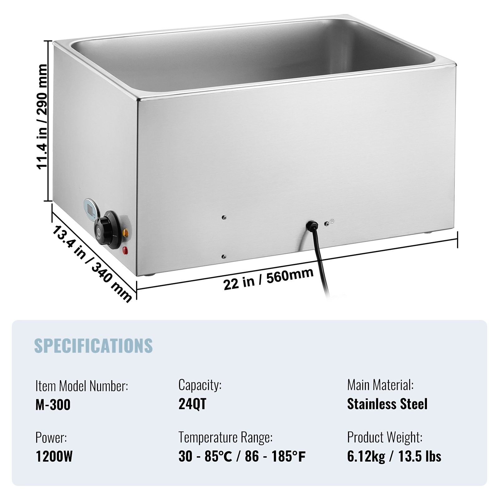 Commercial Food Warmer 19QT Bain Marie 1200W Electric Buffet Warmer Steam Table