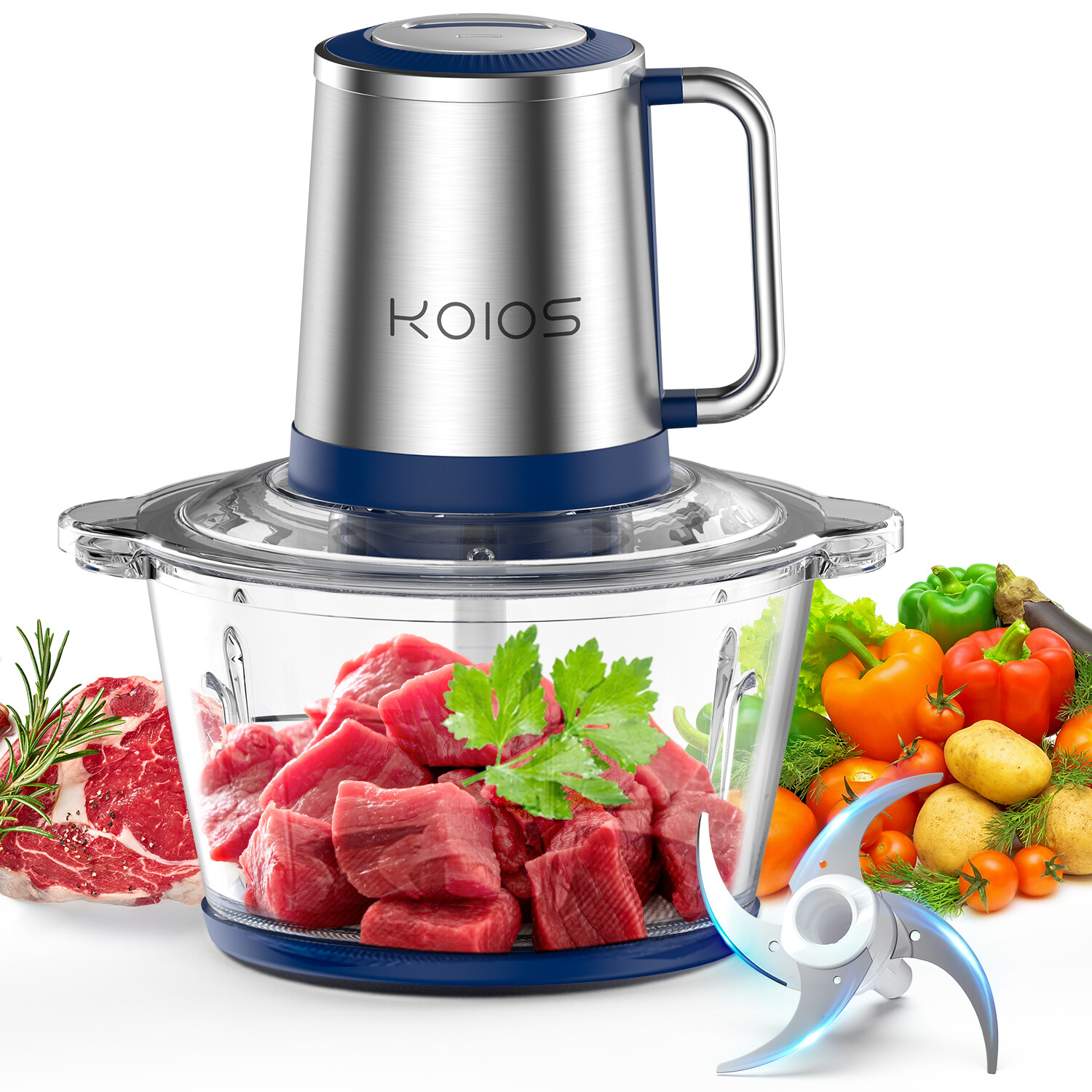 KOIOS Meat Grinder Electric Food Chopper, 2 Speeds 8 Cup Food Processor Silver