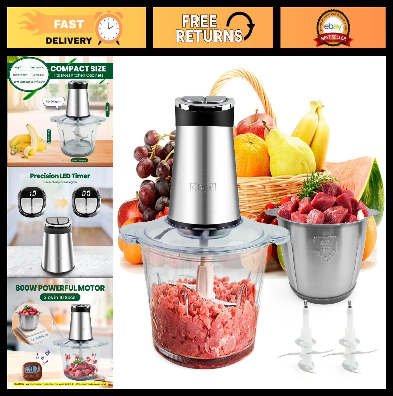 800W Electric Food Processor with 2×12-Cup Bowls, LED Timer, 6 Cutting Edges, Me