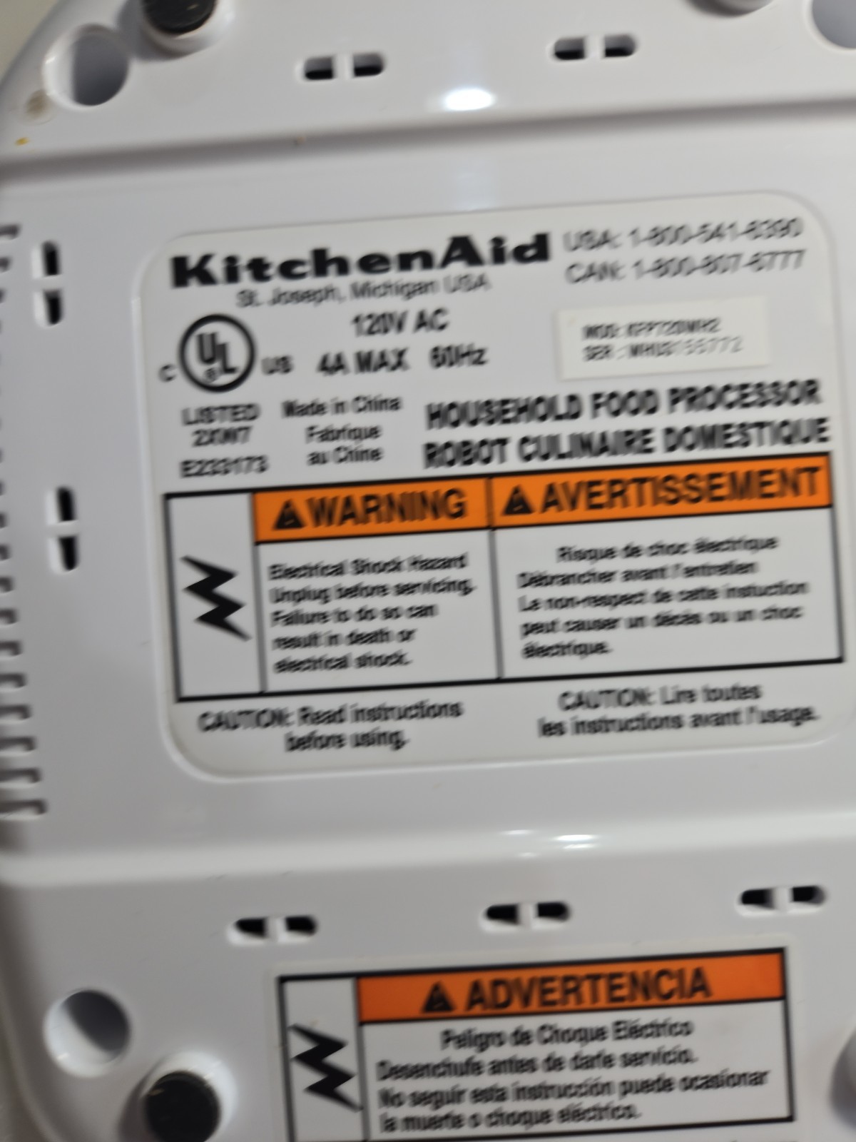 White Kitchen Aid Household Food Processor- Model KFP715WH2