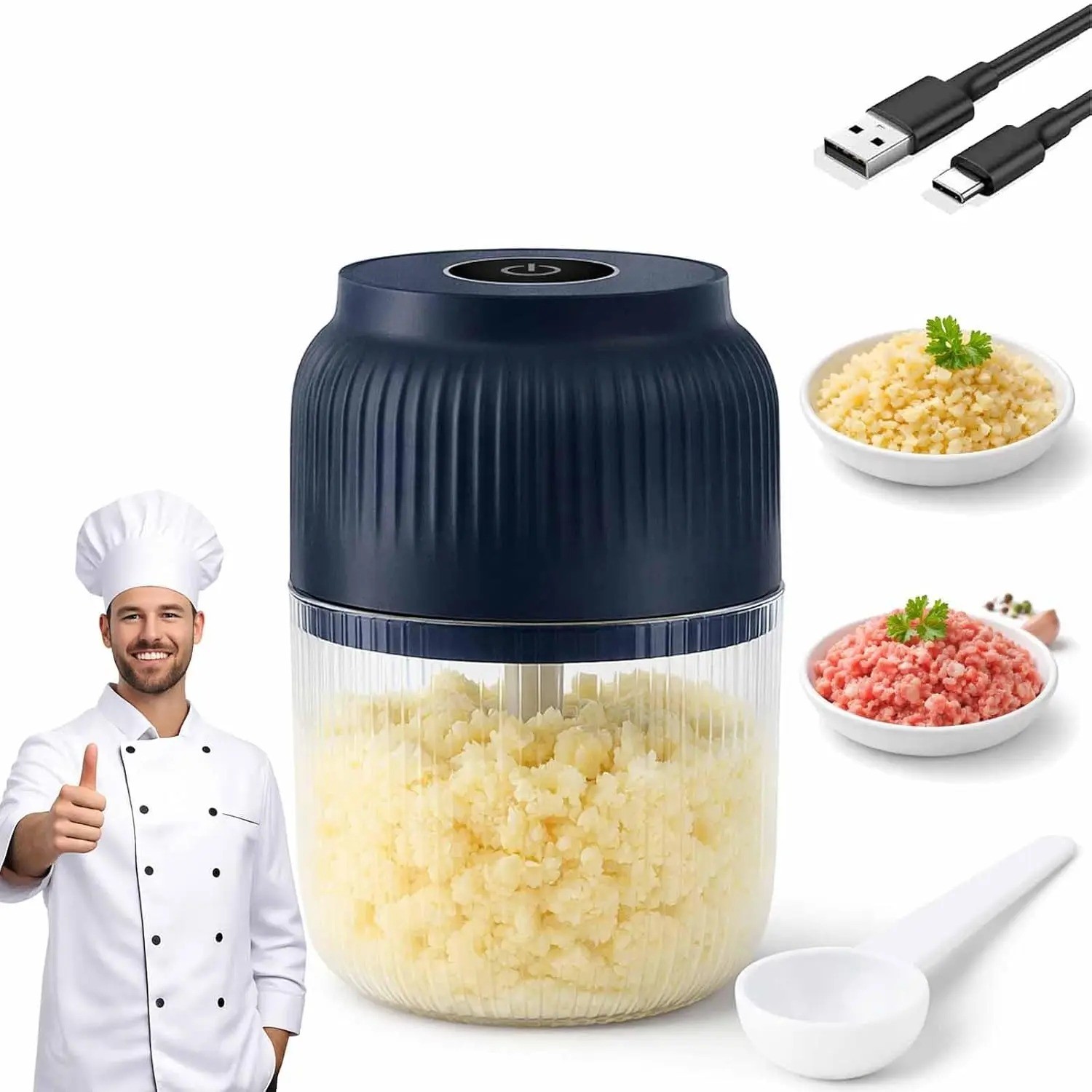 Electric Mini Garlic Chopper 250ML USB Food Processor for Onion Veg Fruit Meat