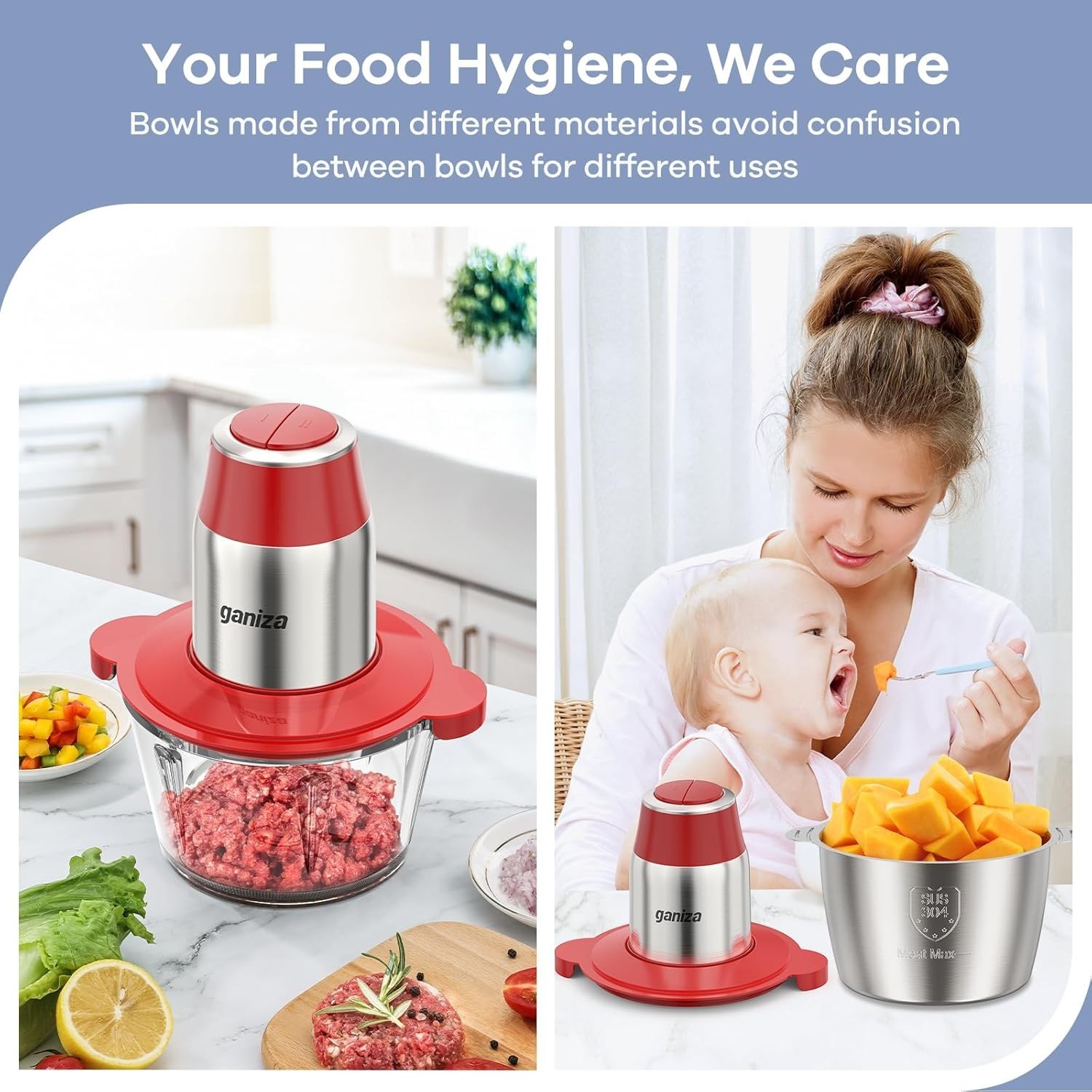 Luxury Electric Food Processor & Meat Grinder with 2 Bowls – 450W Power in Red