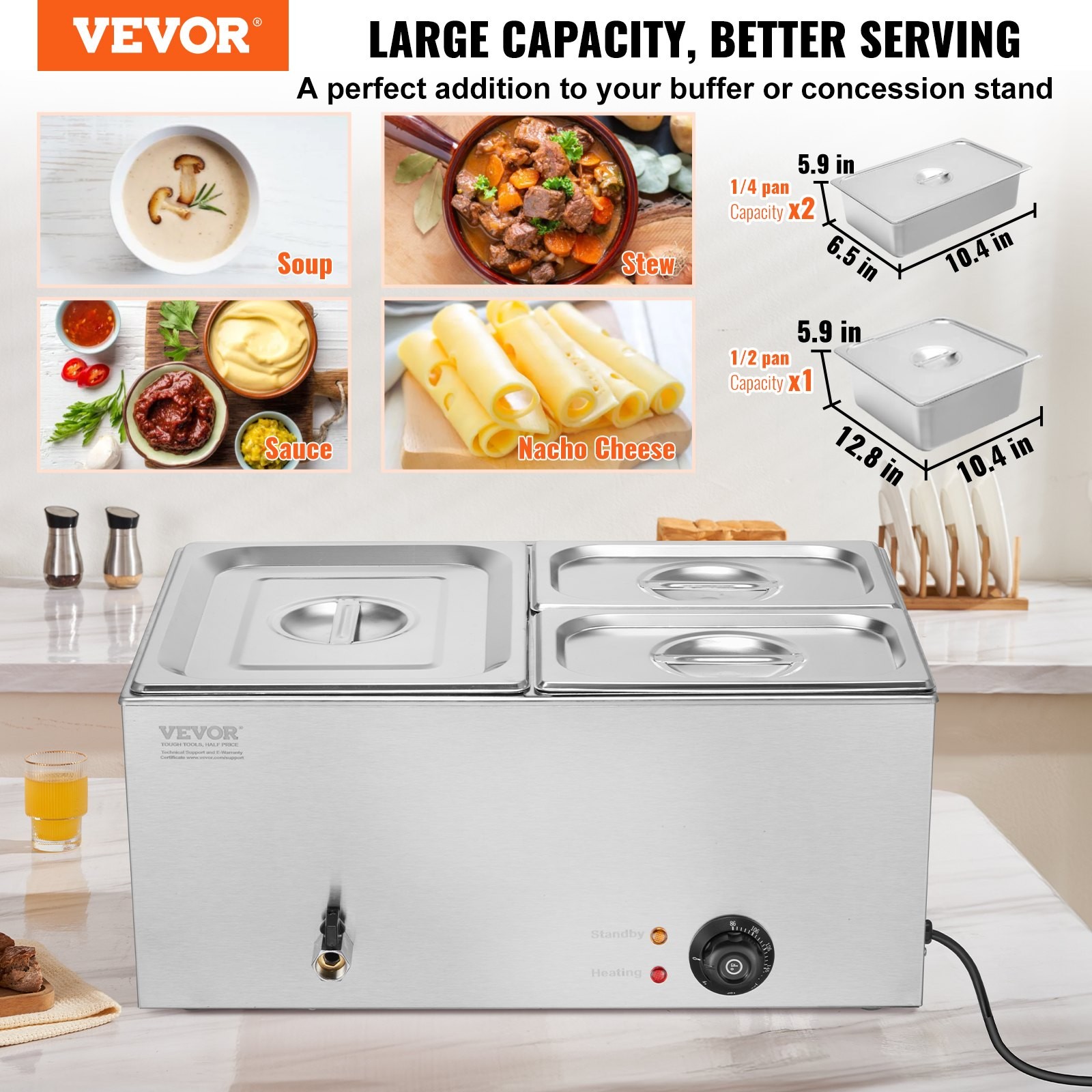 24QT Commercial Food Warmer, 3-Pan Electric Steam Table, 1200W Professional Coun