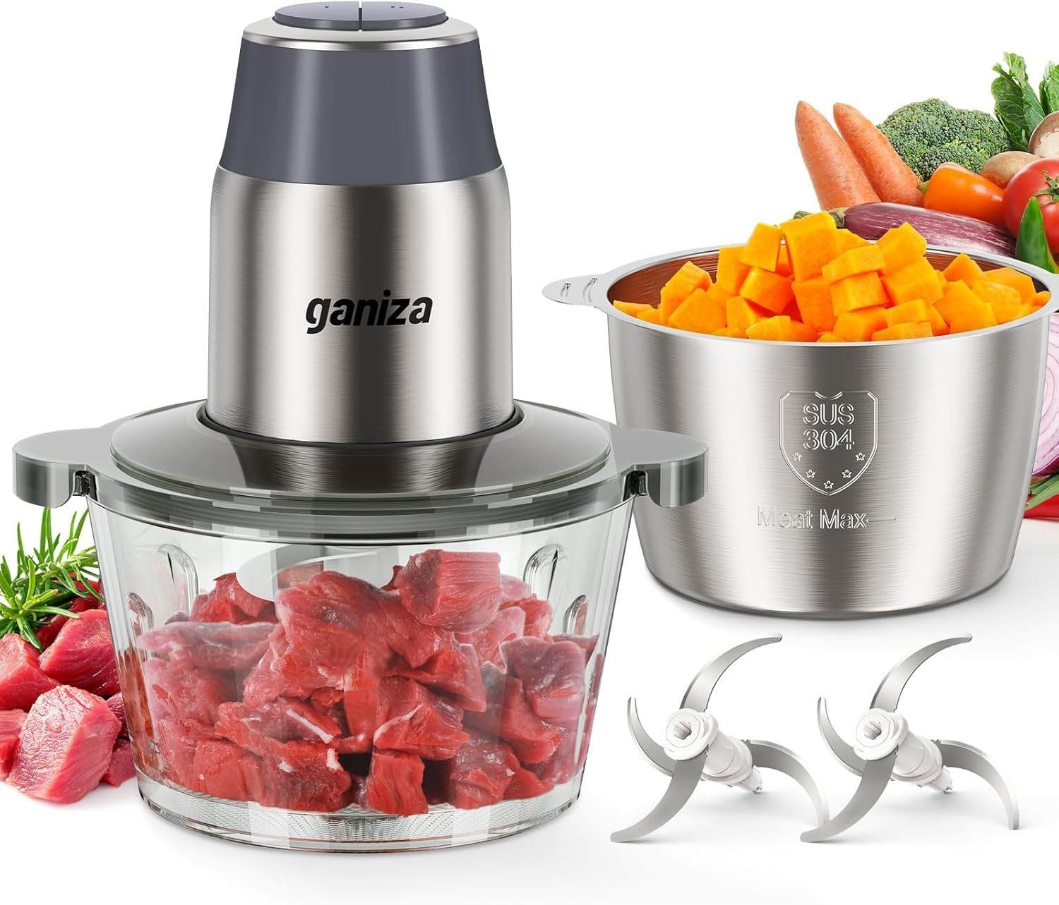 Electric Food Chopper Meat Grinder Vegetable Processor 8 Cup 450W Grey